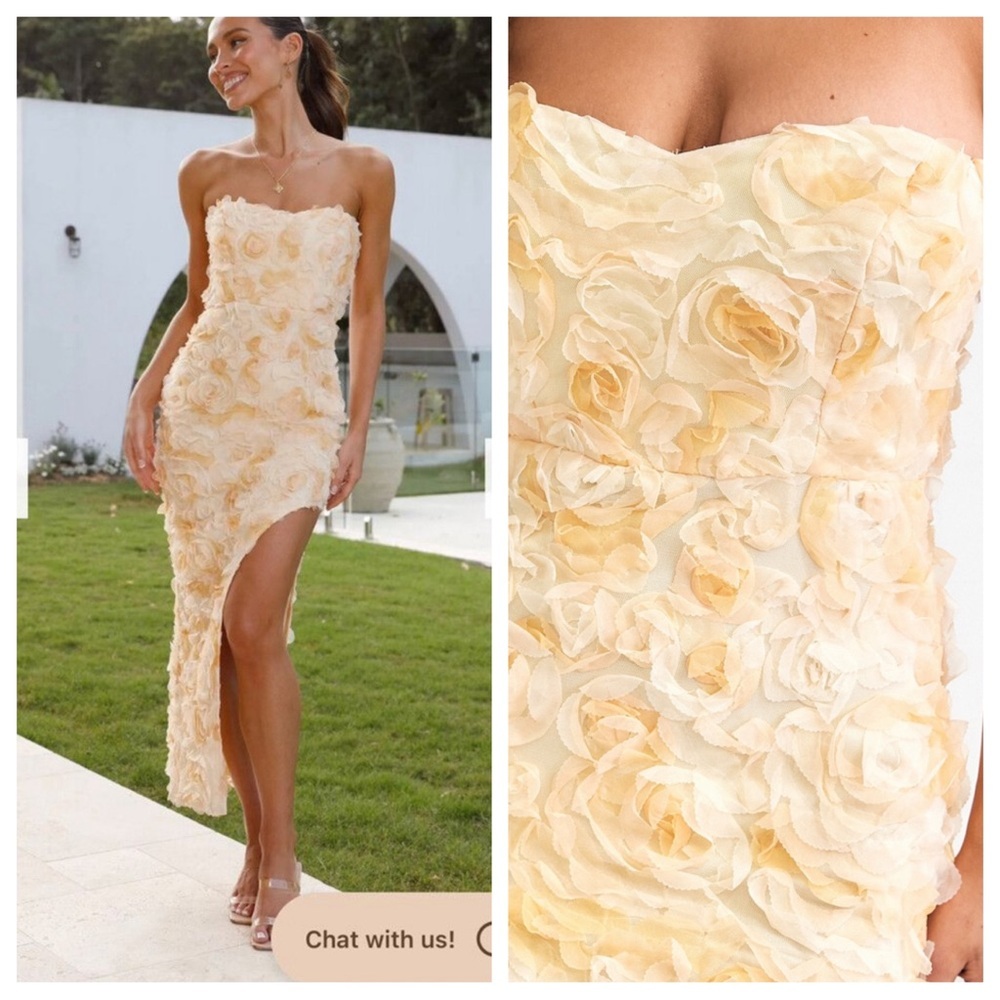 Billy J  SWEETHEART STRAPLESS EMBELLISHED FLORAL TULLE SPLIT MIDI DRESS – YELLOW